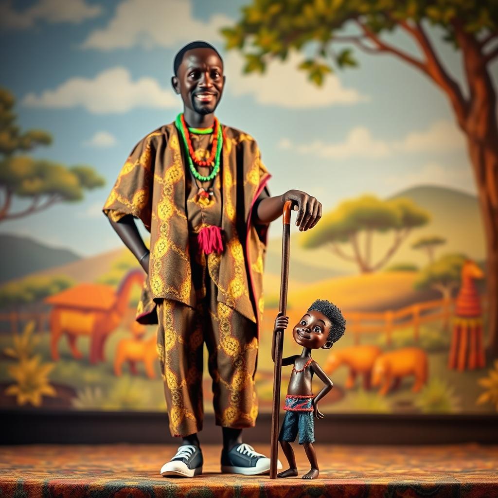 A delightful scene featuring a tall African man elegantly posing with one hand on a small mischievous figure, who is playfully serving as his cane
