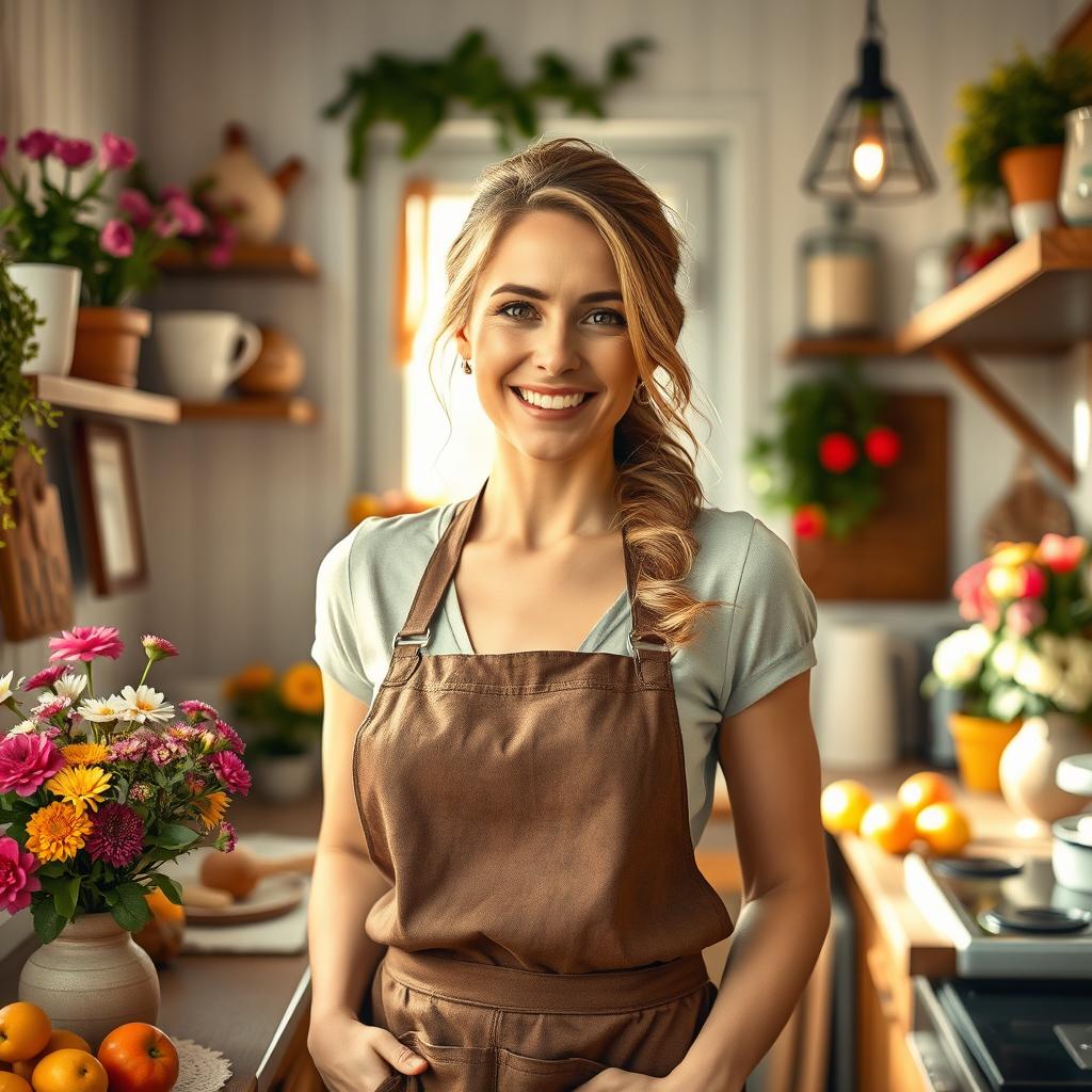 A beautiful housewife in a cozy home environment, radiating warmth and positivity
