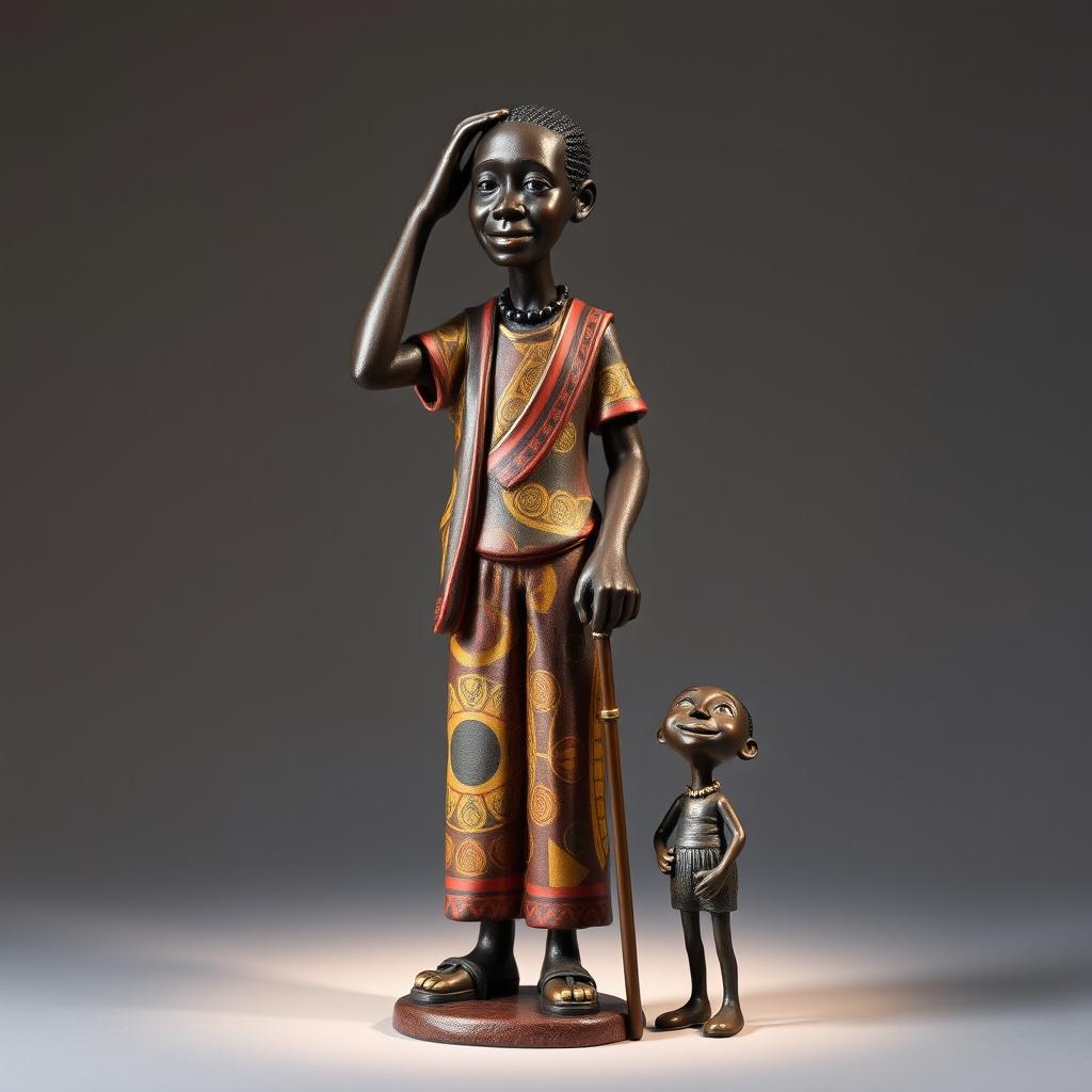 A charming sculpture featuring a tall African man gently placing his hand on the head of a small whimsical figure, who playfully serves as his cane