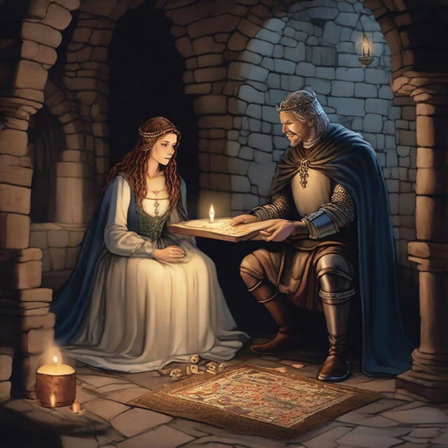 King Arthur and Queen Genevra sitting in the dimly lit basement of an old castle, skillfully piecing together a jigsaw puzzle by candlelight, surrounded by their knightly court.