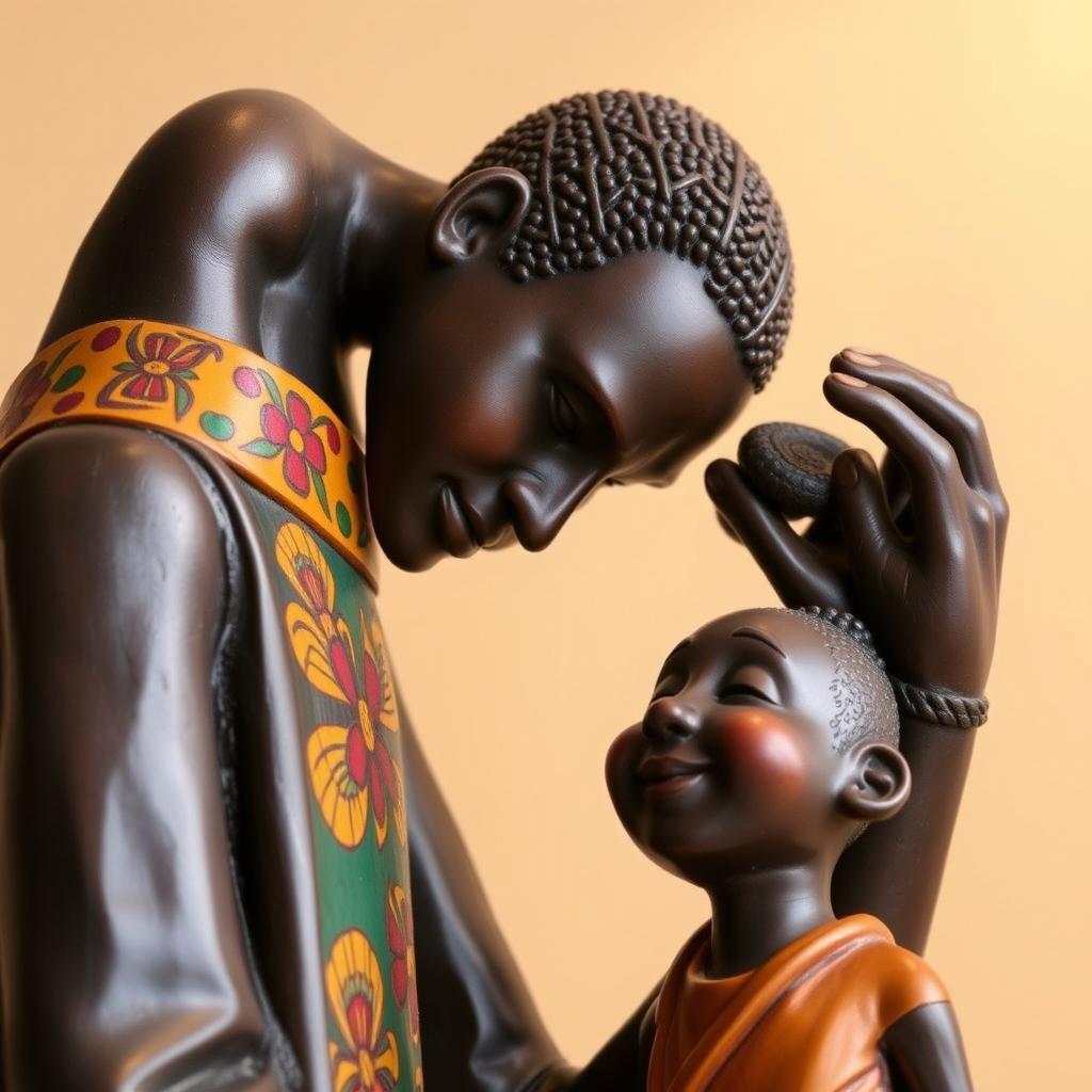 A beautifully crafted statue showcasing a tall African figure gently placing his hand on the head of a small, playful character