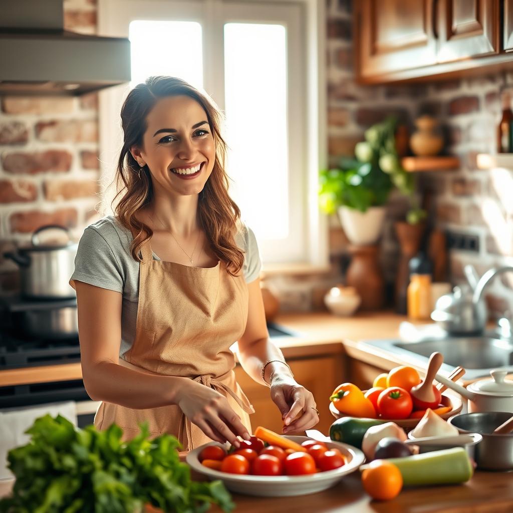 A beautiful housewife in a cozy kitchen, wearing an elegant apron and a warm, inviting smile