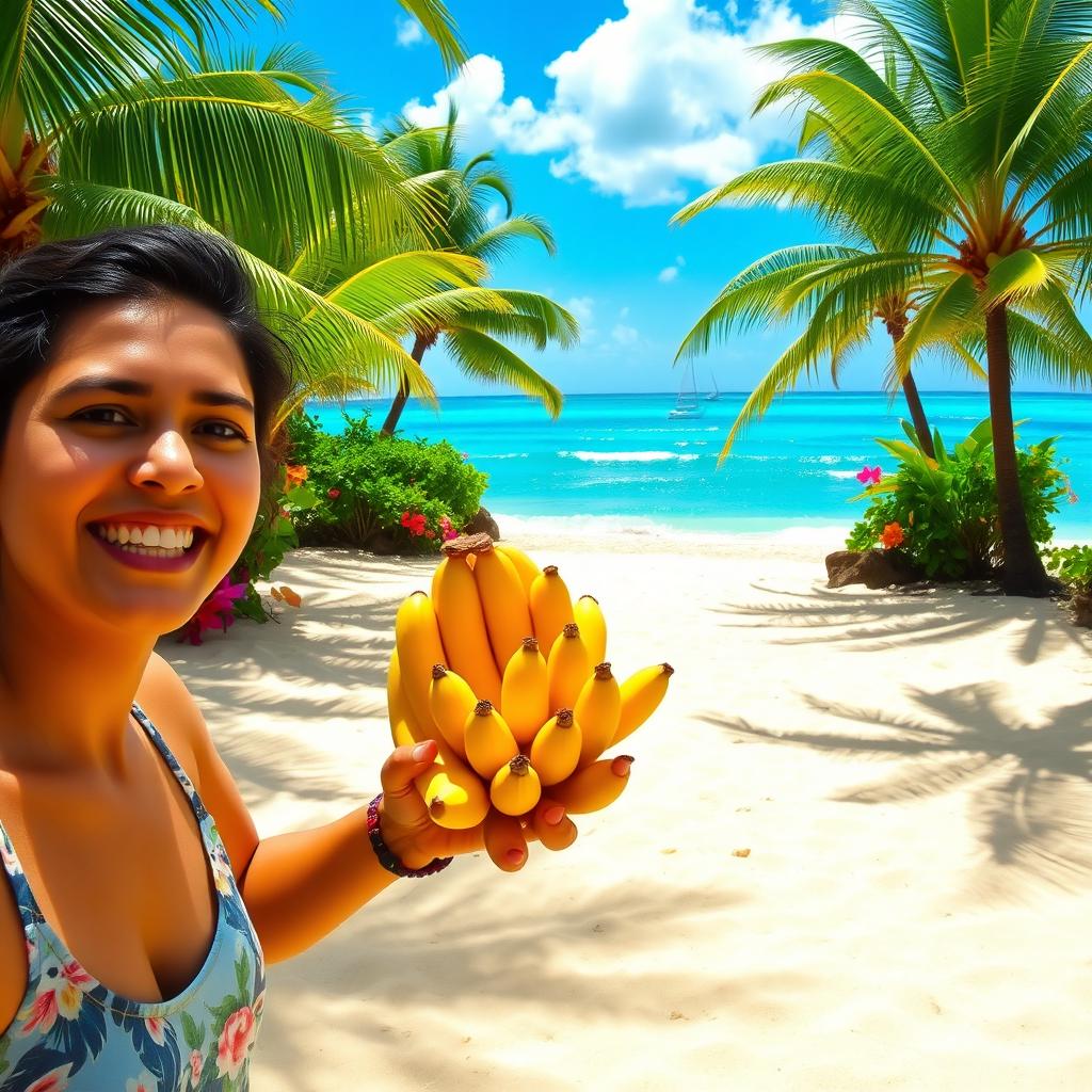 A picturesque tropical beach scene, featuring golden sands and crystal blue waters