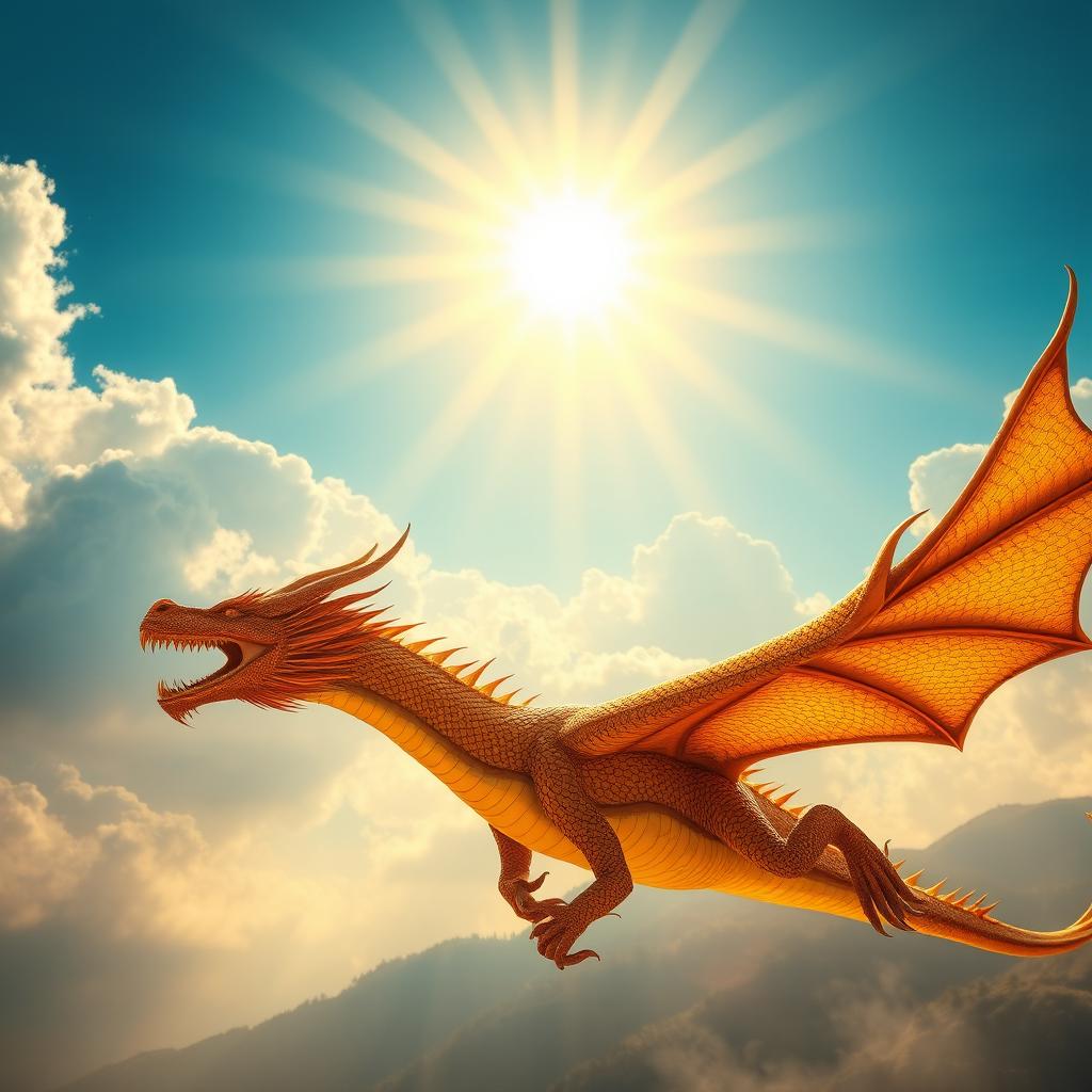 A majestic scene depicting the sun shining brightly in a blue sky, with God portrayed as a radiant figure among the clouds