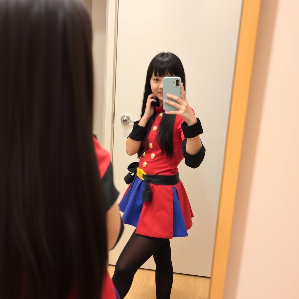 An Asian girl with long straight black hair and cute bangs is taking a selfie in front of a mirror, wearing a vibrant Robin costume from One Piece