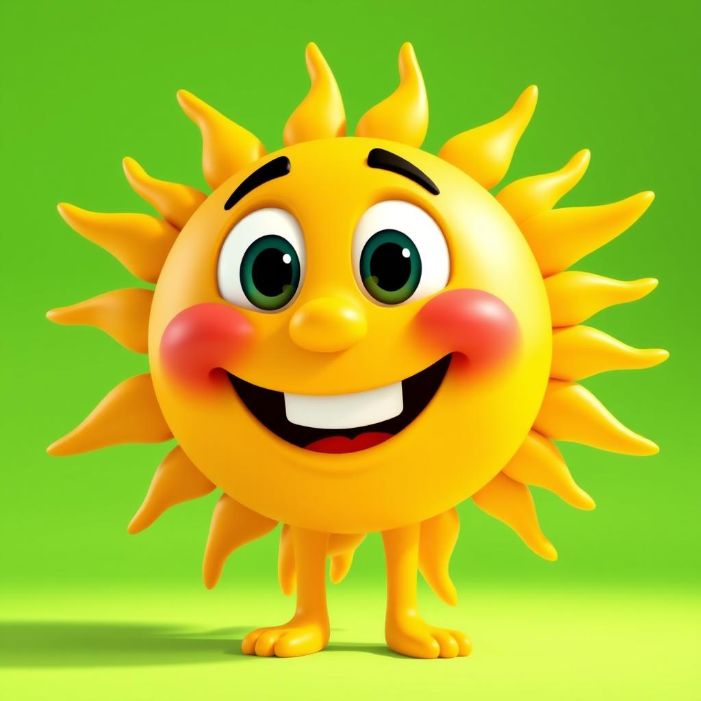 A cheerful sun character designed in a 3D animated style reminiscent of Disney Pixar, radiating happiness with a big smile and bright yellow rays