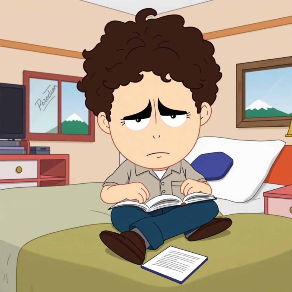 A cartoon-style illustration featuring Barton Fink, a character with curly hair and intense eyes, sitting on a bed in a typical South Park setting