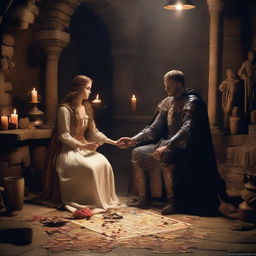 King Arthur and Queen Genevra sitting in the dimly lit basement of an old castle, skillfully piecing together a jigsaw puzzle by candlelight, surrounded by their knightly court.