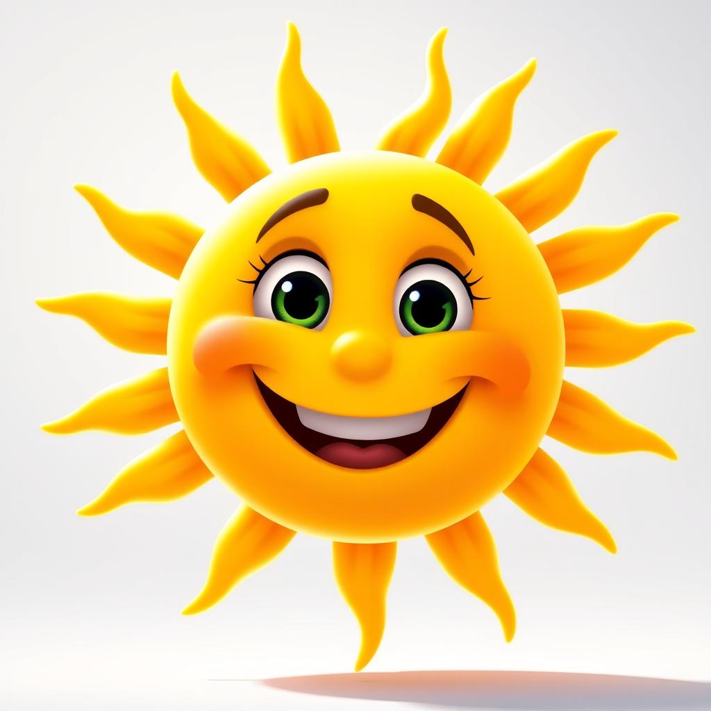An upbeat sun character designed in a 3D animated style that evokes Disney Pixar, glowing with joy and featuring a large, bright smile along with radiant yellow rays