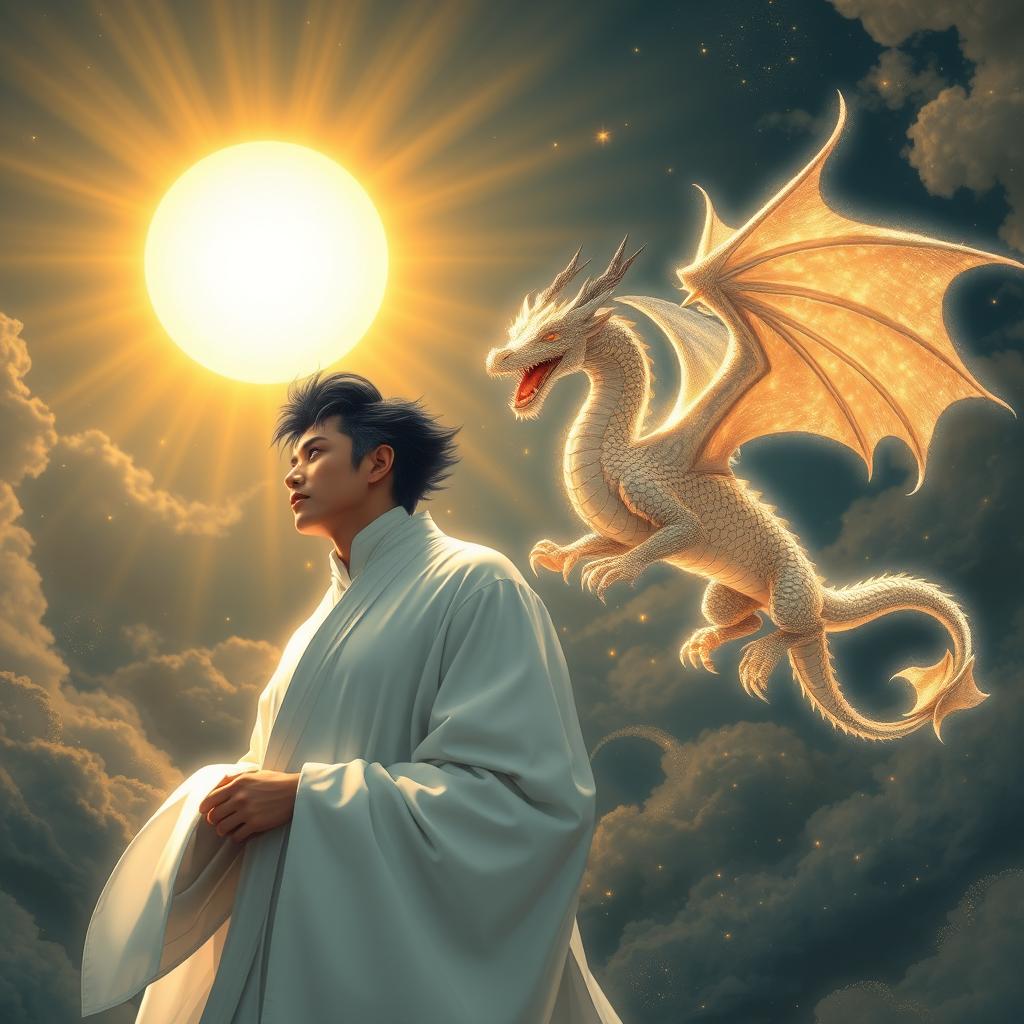 A breathtaking scene featuring a radiant sun illuminating a gentleman with striking black and white hair, dressed in flowing white robes