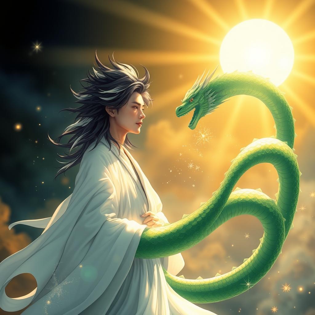 A captivating scene featuring a brilliant sun shining down on a gentleman with striking black and white hair, dressed in flowing white garments that billow in the breeze