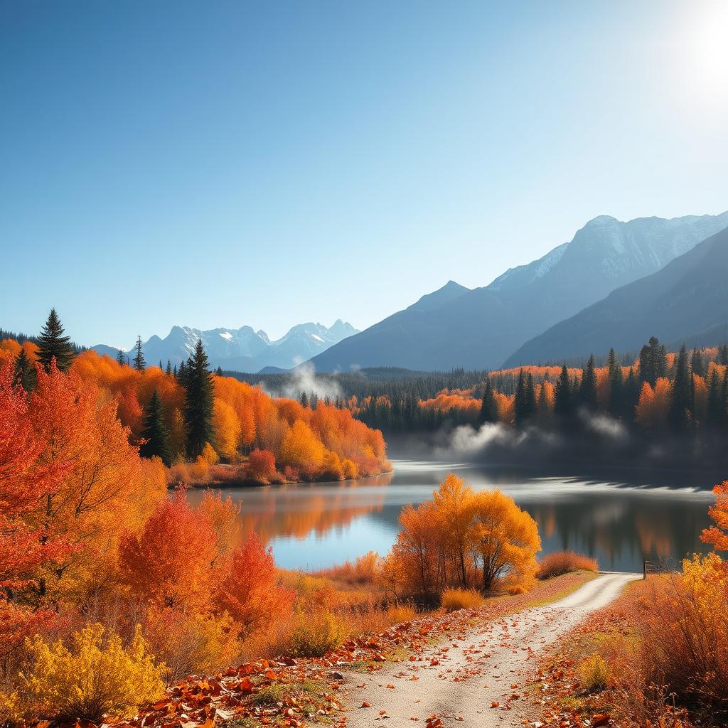 A serene autumn landscape showcasing vibrant fall foliage in shades of orange, red, and yellow