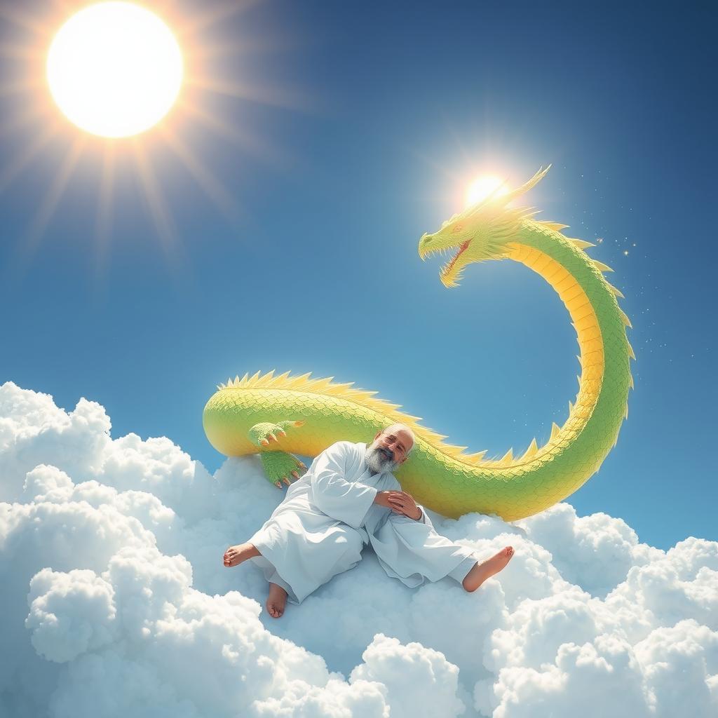 A mesmerizing scene featuring a brilliant sun shining in a clear sky, illuminating an elderly gentleman with striking black and white hair, dressed in flowing white robes