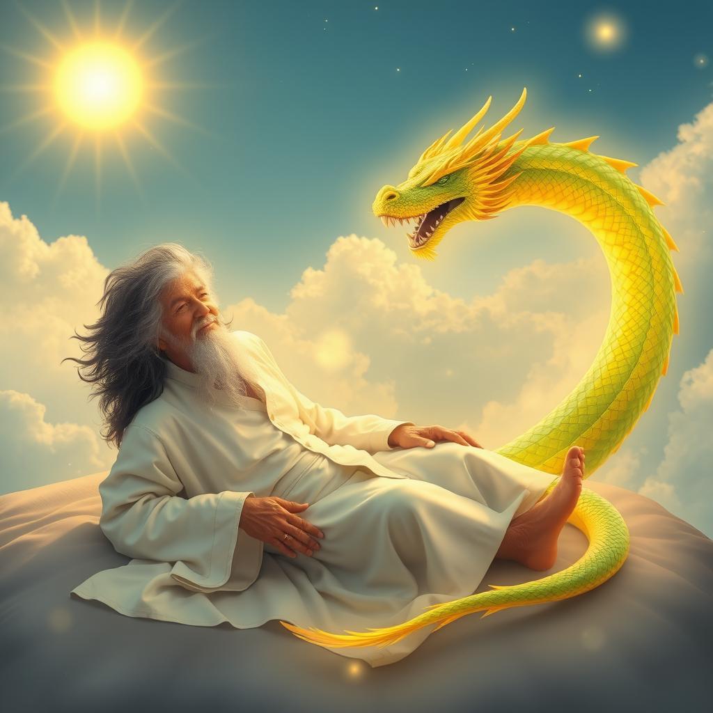 A radiant sun shining brightly in the sky, illuminating an elderly gentleman with striking black and white hair, elegantly dressed in flowing white attire