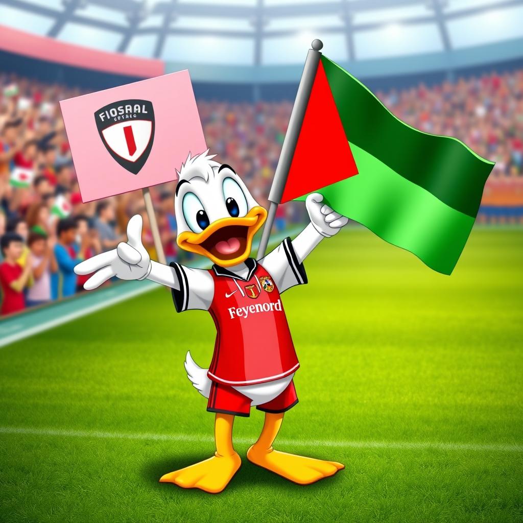 A cartoon character inspired by Donald Duck wearing a bright red Feyenoord football jersey, which has the team's crest prominently displayed