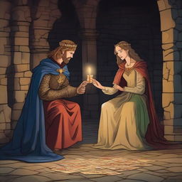 King Arthur and Queen Genevra sitting in the dimly lit basement of an old castle, skillfully piecing together a jigsaw puzzle by candlelight, surrounded by their knightly court.