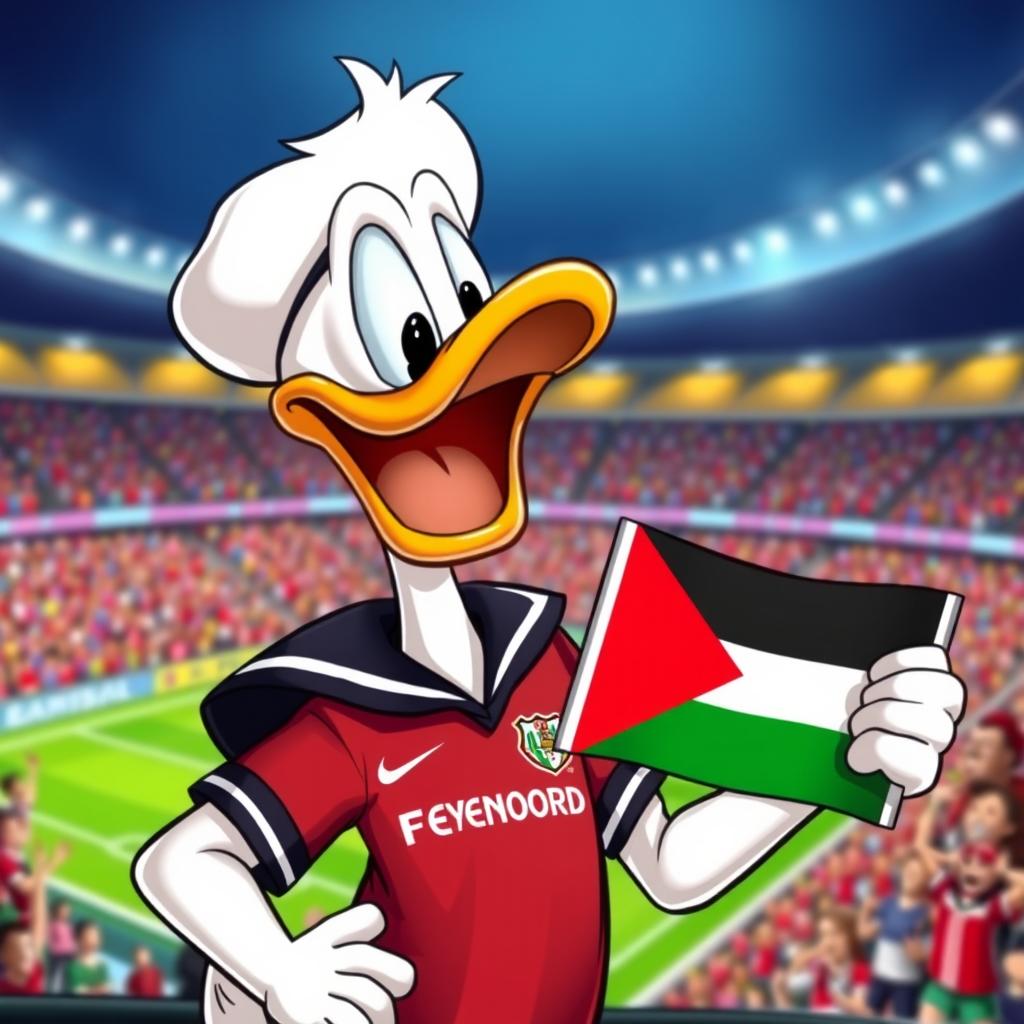 A cartoonish depiction of Donald Duck, characterized by his signature sailor outfit, but wearing a stylish Feyenoord football jersey