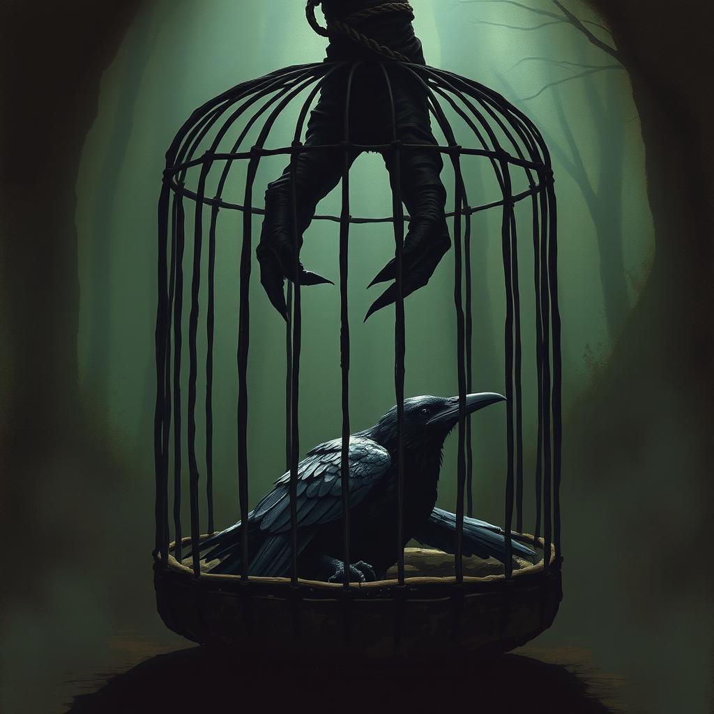 An open cage with a dead crow lying between its bars