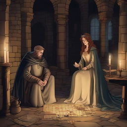 King Arthur and Queen Genevra sitting in the dimly lit basement of an old castle, skillfully piecing together a jigsaw puzzle by candlelight, surrounded by their knightly court.