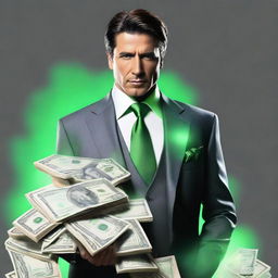 A suave man dressed in a stylish suit, standing against a dull grey backdrop. His chest burst opens showing stacks of cash emitting a supernatural green glow.