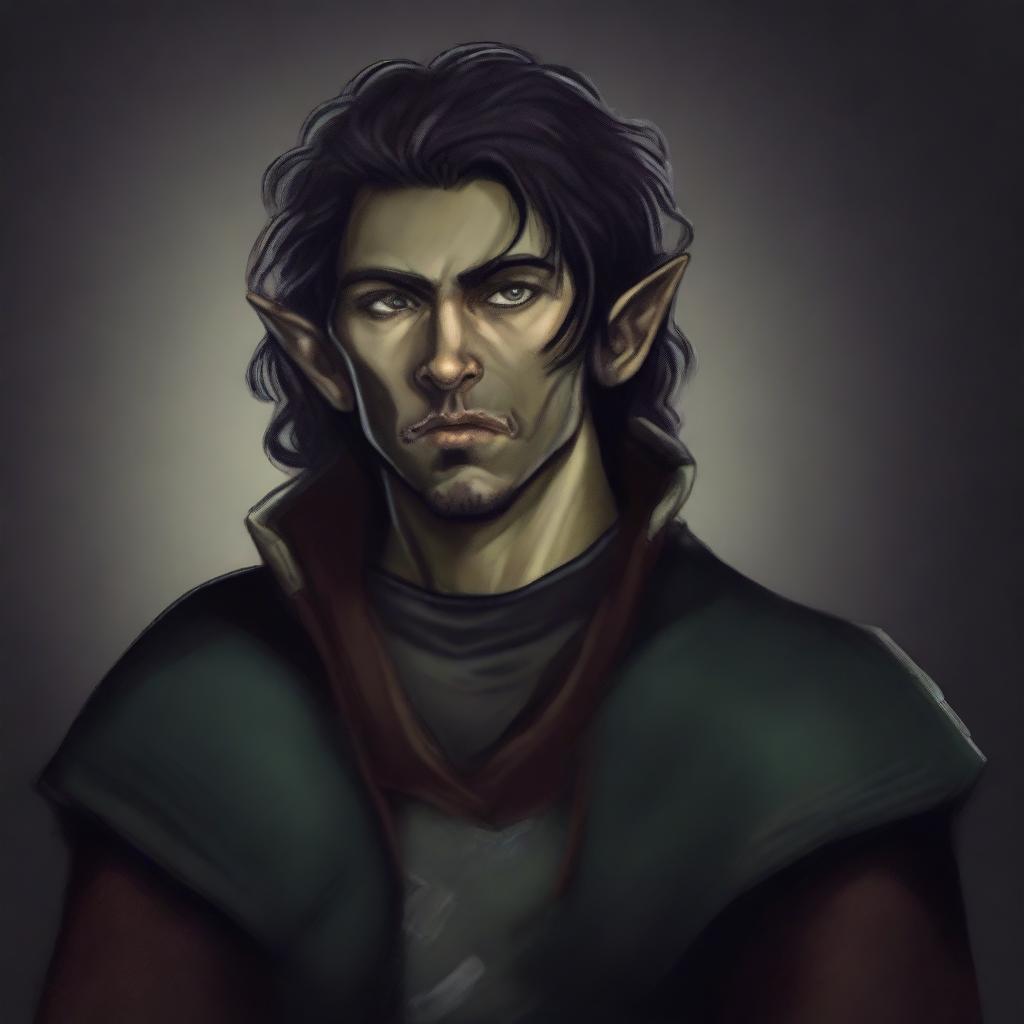 A high-quality digital art image depicting a half-elf rogue of average height, with dark hair and deep hazel eyes