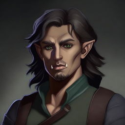 A high-quality digital art image depicting a half-elf rogue of average height, with dark hair and deep hazel eyes