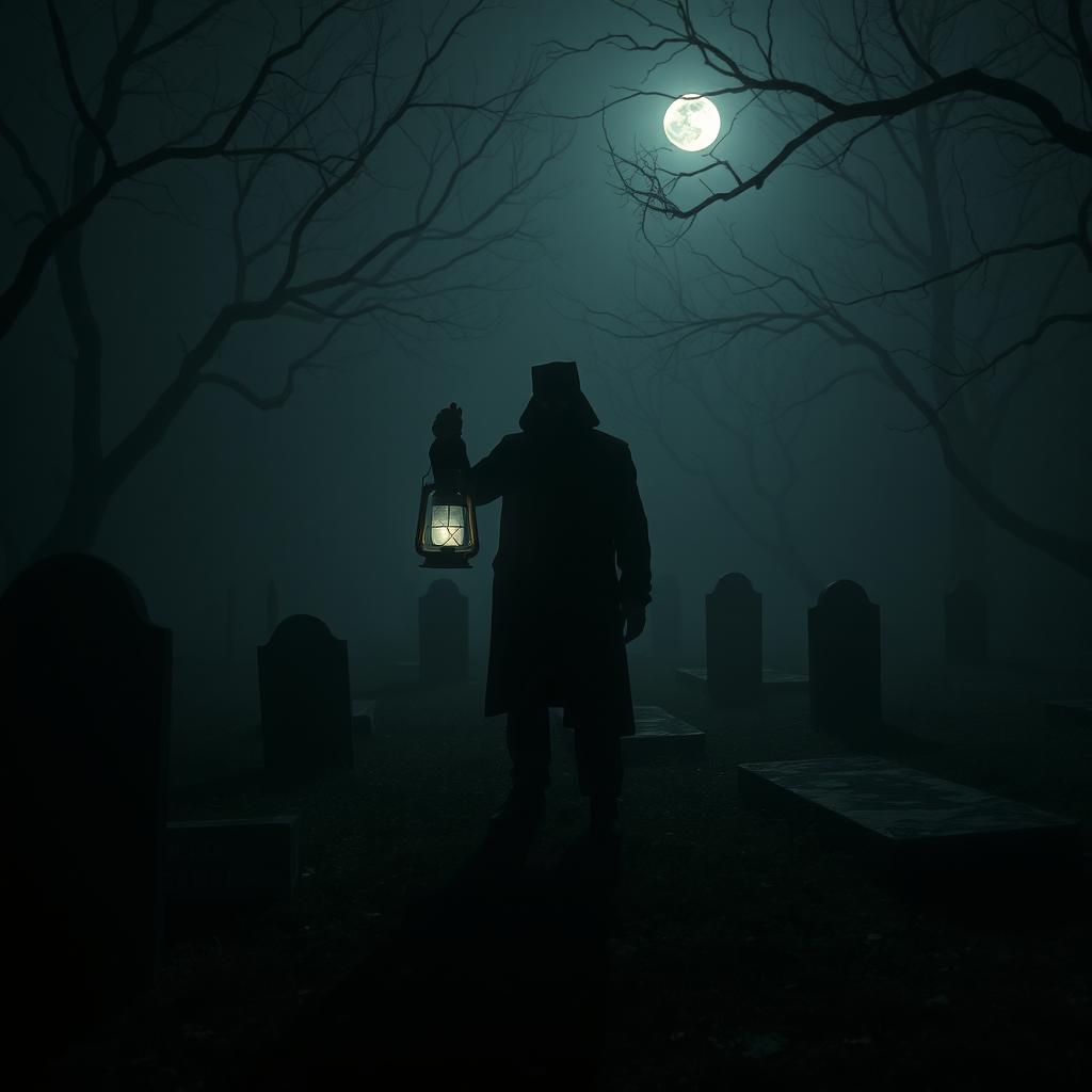 An abandoned cemetery at night, shrouded in mist, surrounded by dead trees