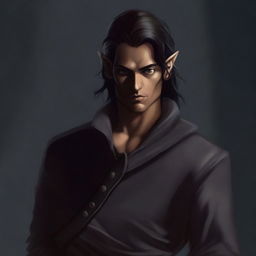 A high-quality digital art image depicting a half-elf rogue of average height, with dark hair and deep hazel eyes