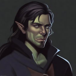 A high-quality digital art image depicting a half-elf rogue of average height, with dark hair and deep hazel eyes