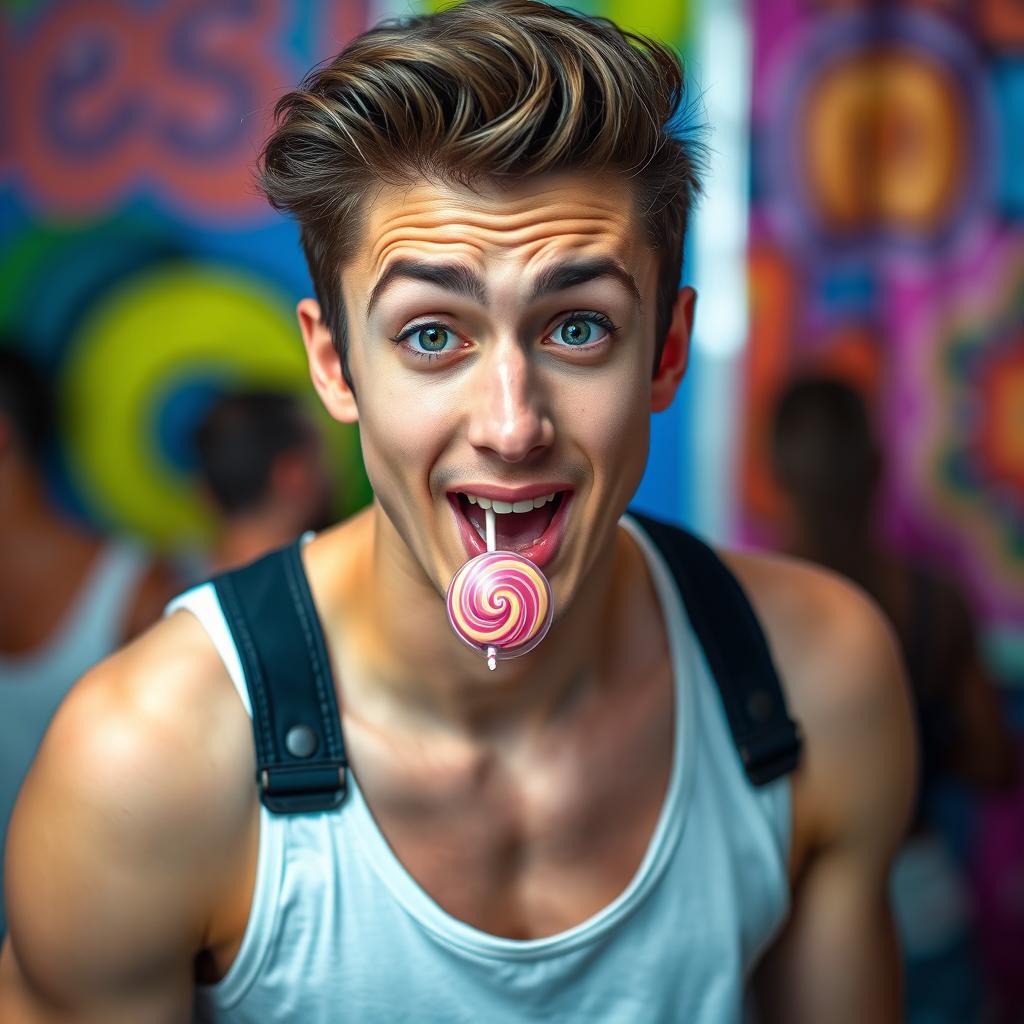 A handsome 20-year-old brunette twink man wearing a white tank top, with a lollipop in his mouth, looking mischievously at the camera