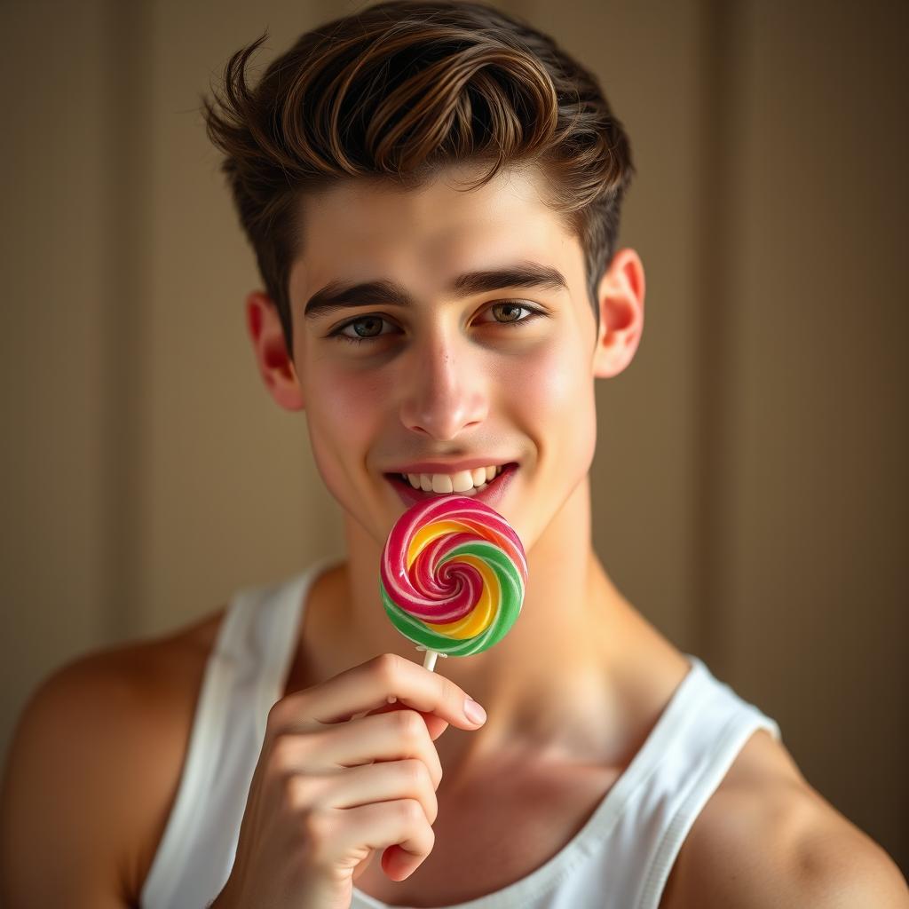 A handsome 20-year-old brunette twink man, wearing a fitted white tank top, playfully sucking on a colorful lollipop with a smile while looking directly at the camera