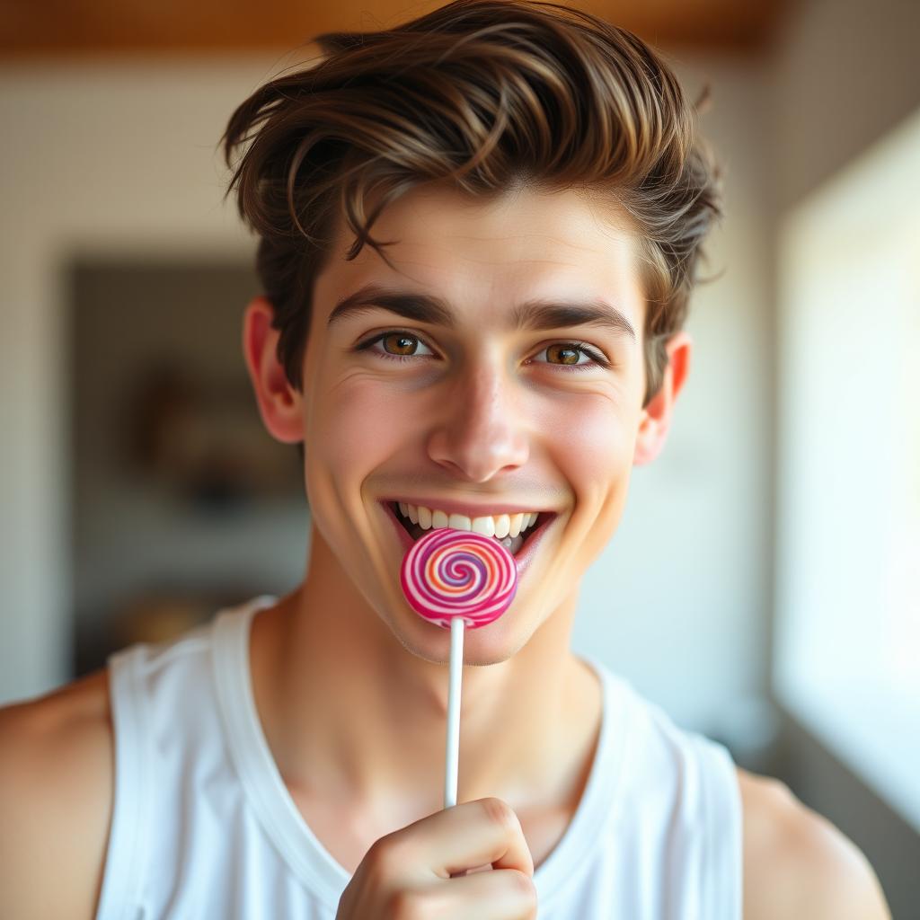 A handsome 20-year-old brunette twink man wearing a white tank top, playfully sucking a lollipop in his mouth while looking directly at the camera with a bright smile