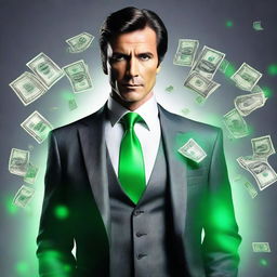 A suave man dressed in a stylish suit, standing against a dull grey backdrop. His chest burst opens showing stacks of cash emitting a supernatural green glow.