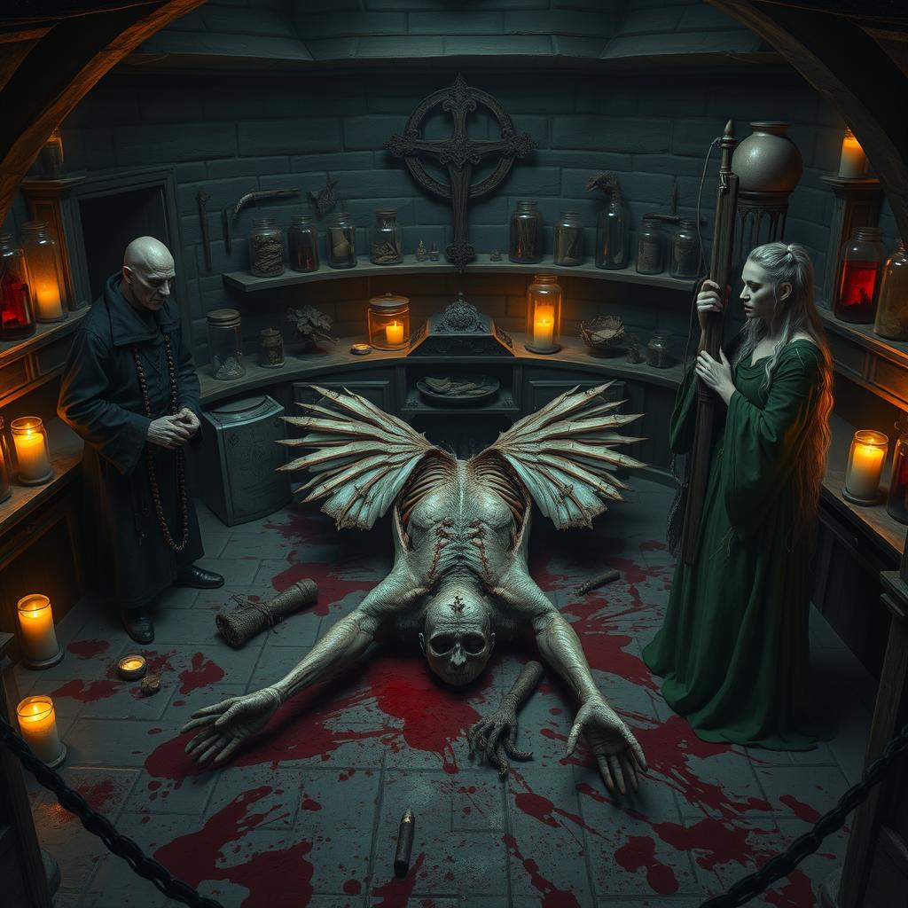 A cold, candlelit dissection chamber deep within a decaying gothic academy, designed in an octagonal shape with dark stone walls