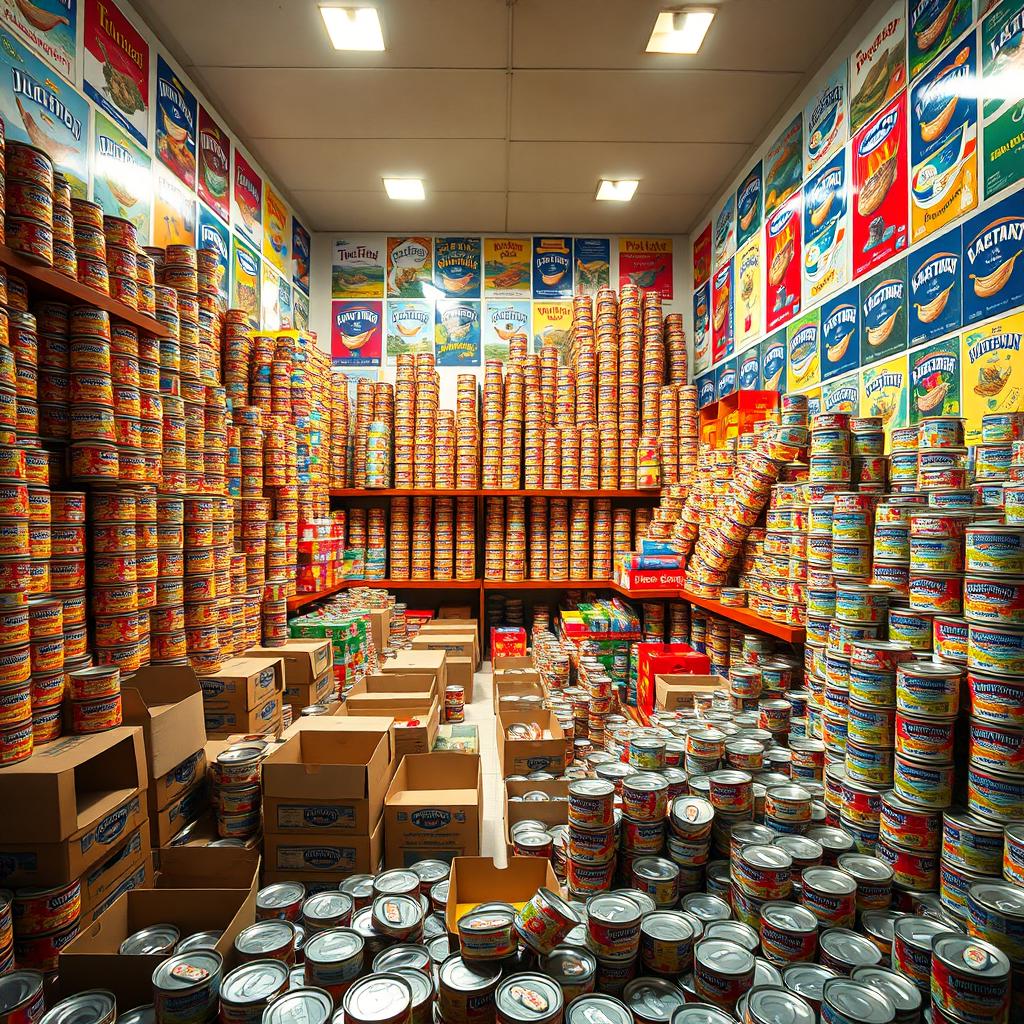 A spacious room filled with an overwhelming number of tuna cans, stacked haphazardly on shelves and tables
