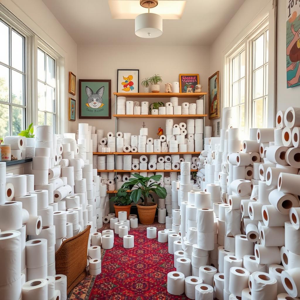 A cozy room overflowing with various rolls of toilet paper, creating a whimsical and playful atmosphere