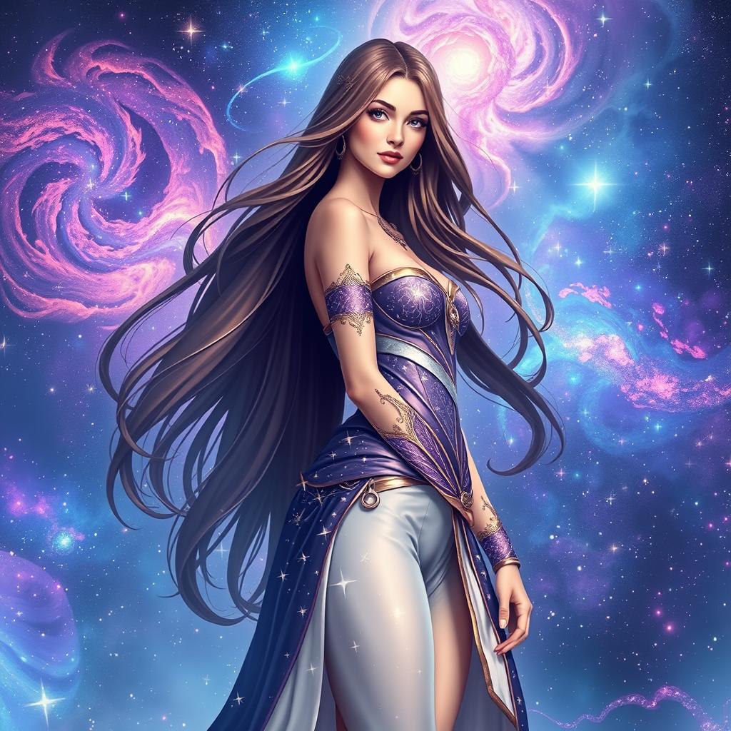 A stunning, high-resolution image featuring a beautiful woman standing confidently, her long flowing hair cascading down her shoulders