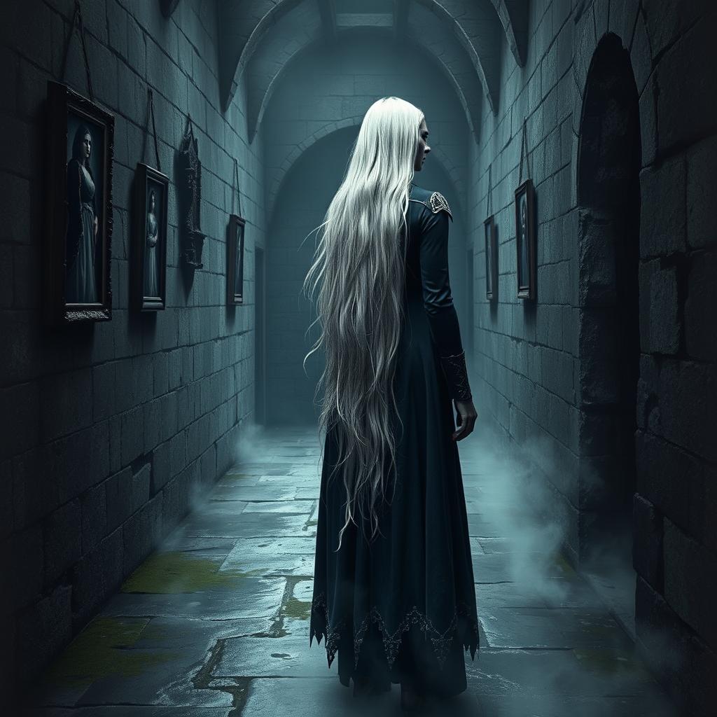 A shattered stone hallway in a gothic fortress, dimly lit and lined with cracked walls and scorched, crooked portraits, with one hanging askew that is half-burned