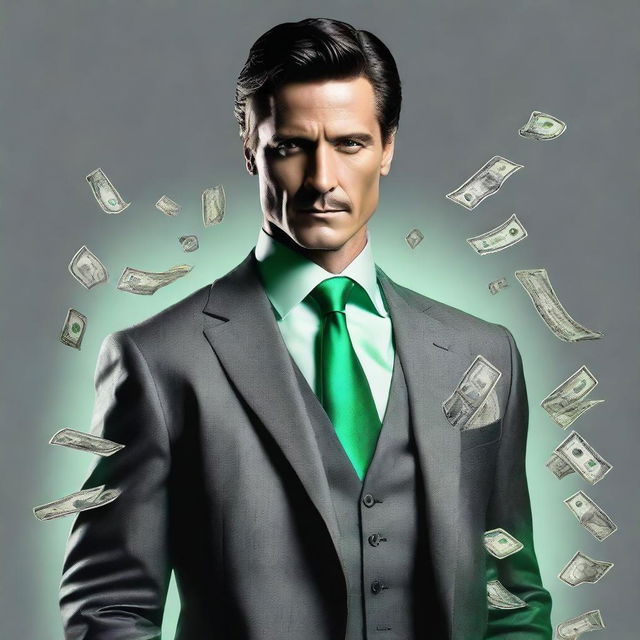 A suave man dressed in a stylish suit, standing against a dull grey backdrop. His chest burst opens showing stacks of cash emitting a supernatural green glow.