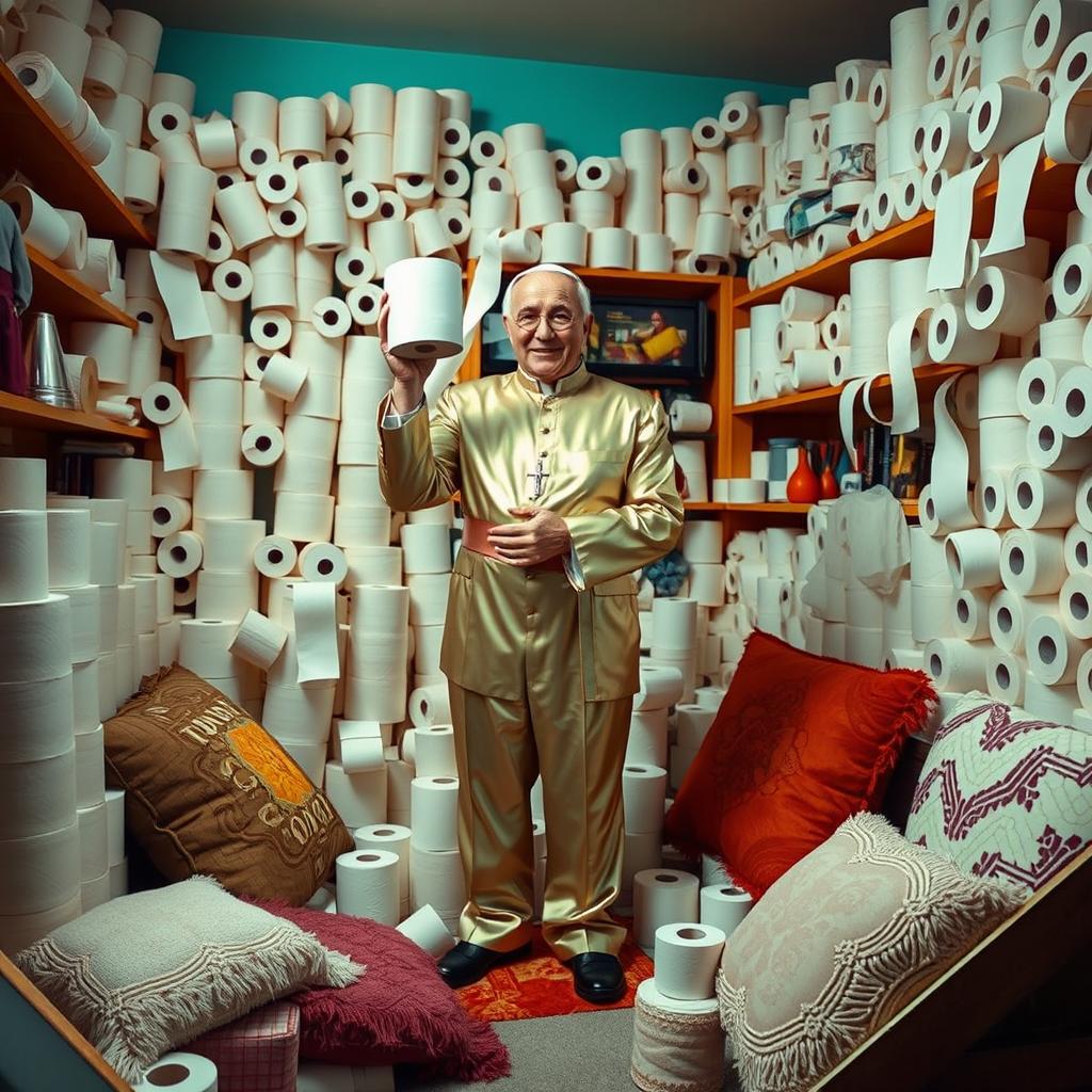 A humorous scene depicting a room overflowing with toilet paper rolls arranged playfully everywhere - stacks of soft, fluffy toilet paper, some rolls cascading down from shelves, creating a whimsical and chaotic atmosphere