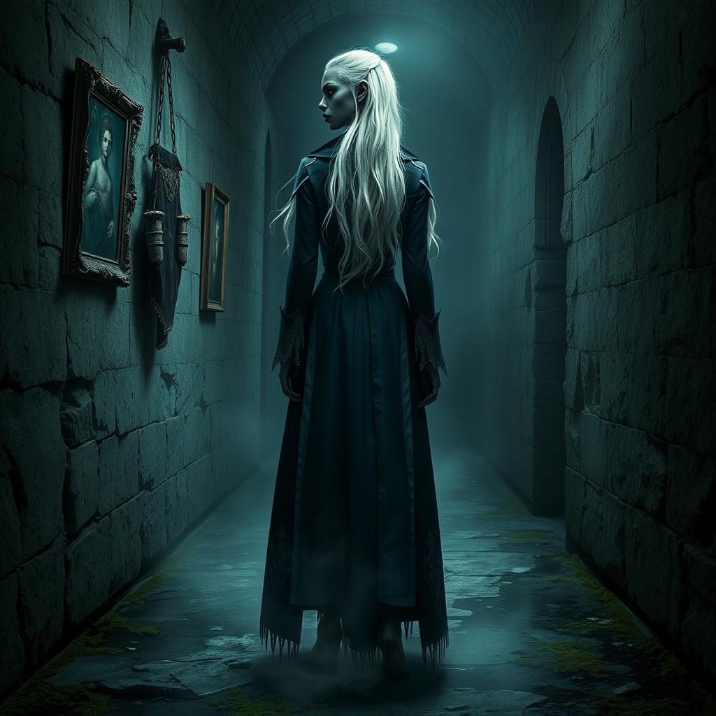 A shattered stone hallway in a gothic fortress, dimly lit and lined with cracked walls and scorched, crooked portraits, one of which hangs askew, half-burned