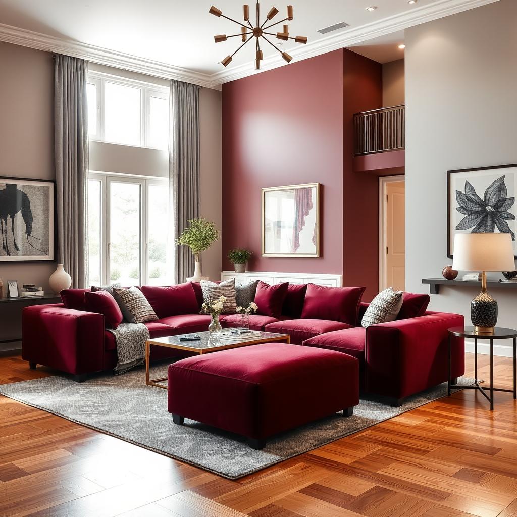 A beautifully designed living room featuring a modern council in rich burgundy and elegant gray colors
