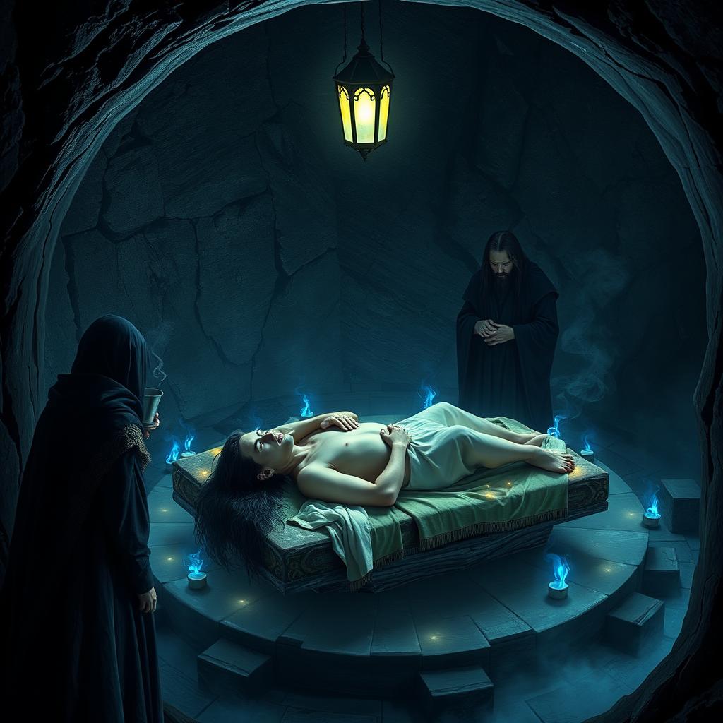 A circular chamber carved from black quartz, dimly lit by a single hanging lamp that casts eerie blue flames throughout the space