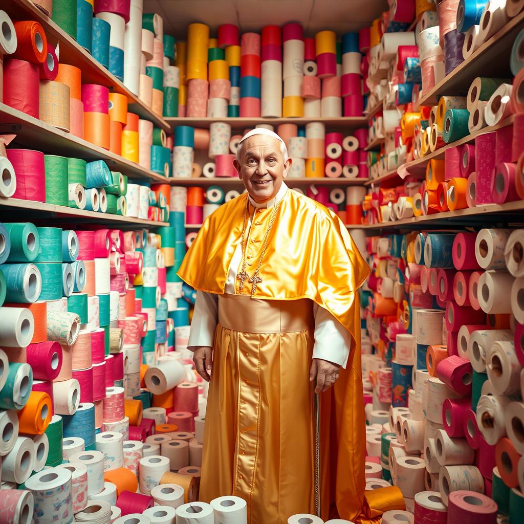 A humorous scene of a room filled to the brim with colorful rolls of toilet paper, some stacked high on shelves while others are playfully scattered across the floor