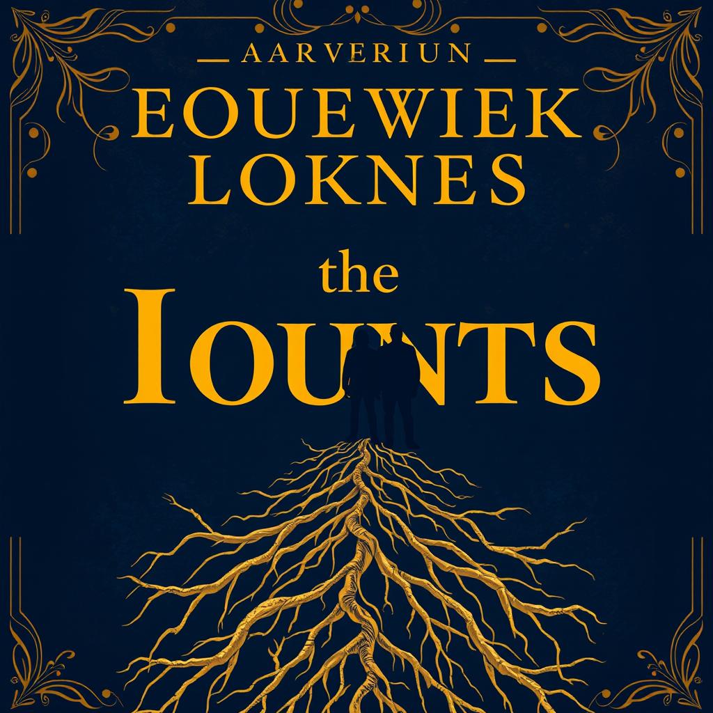 a book cover design featuring a dark blue background with golden details that add depth