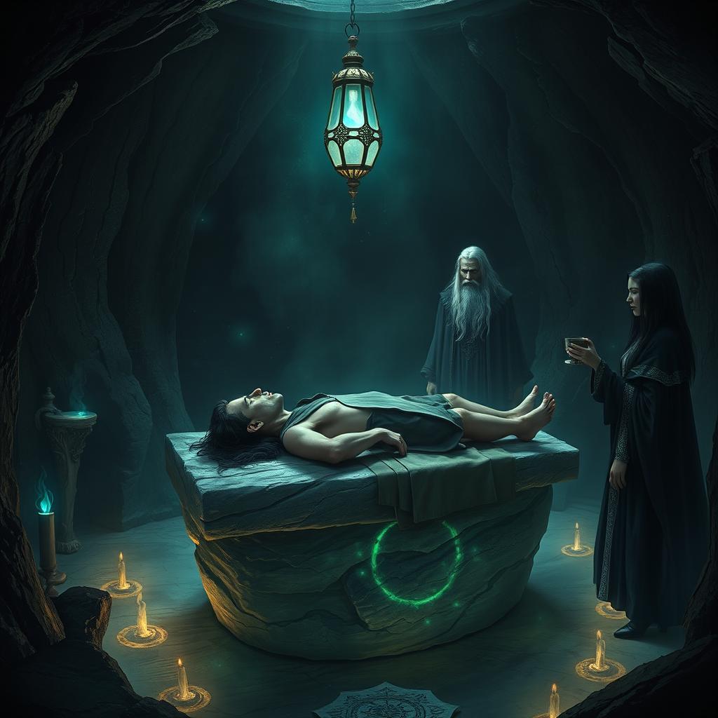 A circular chamber carved from black quartz, dimly lit by a single hanging lamp that casts eerie blue flames throughout the space