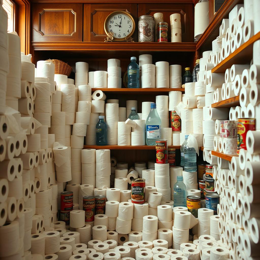 An intricate scene set in a butler's pantry, overflowing with neatly stacked rolls of toilet paper, creating a whimsical yet organized chaos