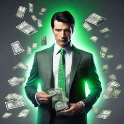 A suave man dressed in a stylish suit, standing against a dull grey backdrop. His chest burst opens showing stacks of cash emitting a supernatural green glow.