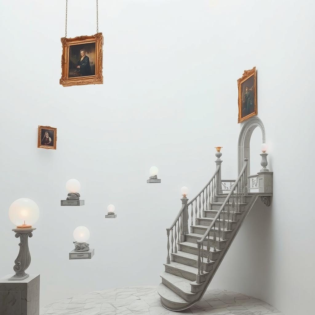 A surreal, horizonless white void resembling an unfinished canvas, creating a dreamlike space