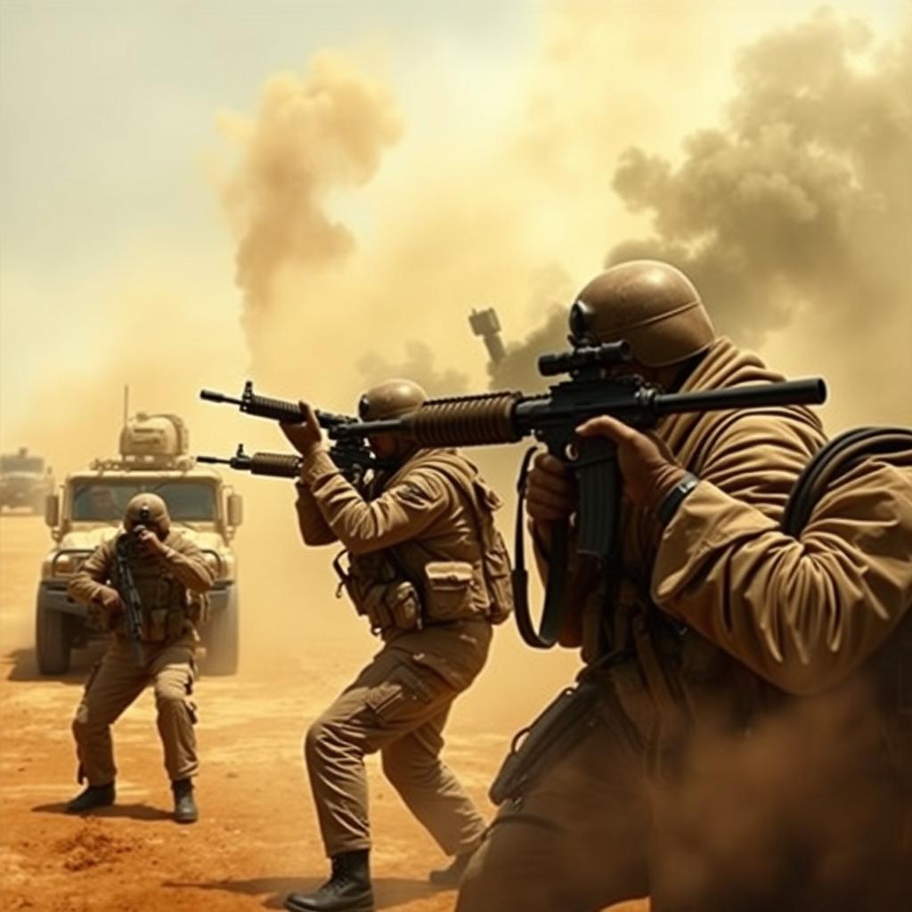A dramatic depiction of American soldiers engaged in a tense moment, aiming their weapons in a military setting to confront Osama bin Laden